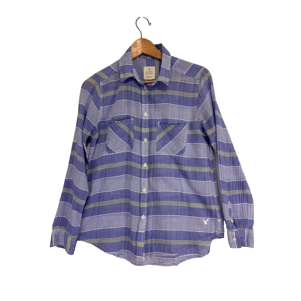 American Eagle Outfitters Womens Vtg Boyfriend Striped Top Sz M Roll-Tab Sleeve